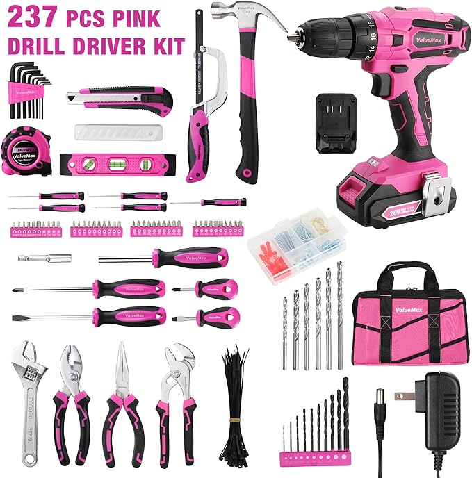 ValueMax Home Tool Kit with Cordless Lithium-ion Drill, 237-Piece Pink Tool Set, Power Tool Set with Wide Mouth Open Storage Bag, Basic Drill Sets Combo Kit for DIY and Daily Repair