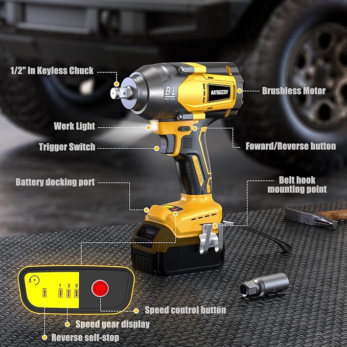 Impact Wrench Compatible with De-Walt 20V MAX Battery: 1/2 Inch Hog Ring Impact Driver High Torque - 600 Ft-lbs Cordless Impact Gun - Brushless Motor with LED Light And Blet Clip - Tool Only