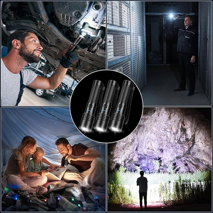 3 Pack Rechargeable Flashlights High Lumens, 90,000 Lumen Super Bright Led Flashlight with Adjustable 3 Modes & Power Display, Brightest Handheld Waterproof Flash Lights for Home Camping Hiking