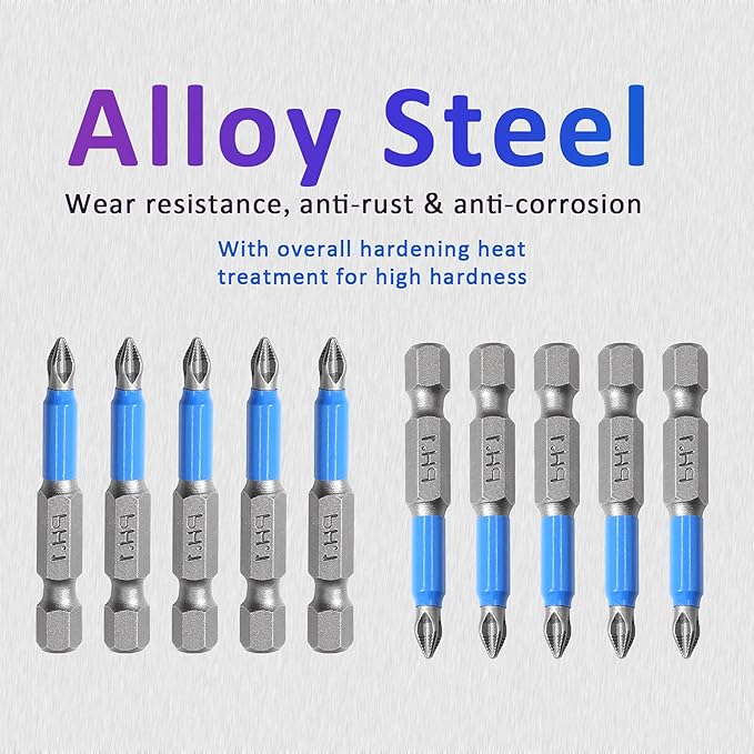 10 Pcs Magnetic Phillips Screwdriver Bit Set 2 inch Long, PH1 Phillips Bits Set, Non-Slip Cross Head Electric Screwdriver Bits Set 1/4" Hex Shank (PH1, 50mm)
