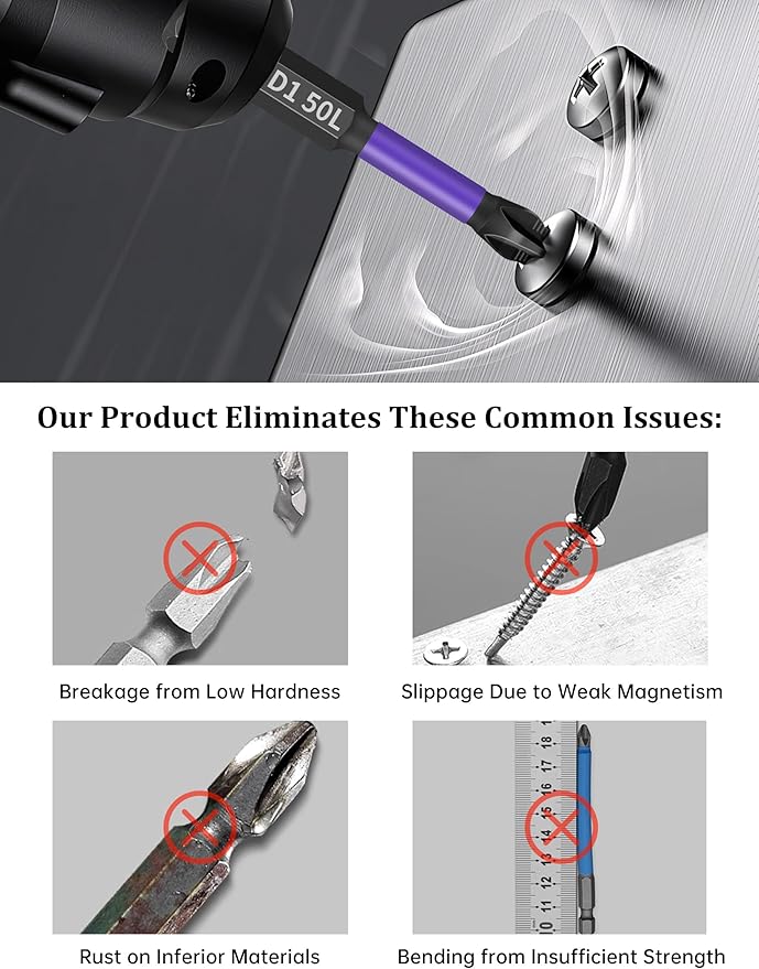 Tomorotec 11PCS Magnetic Phillips Screwdriver Drill Bit Set #2 - Anti-Slip, Shock-Absorbent, Compatible with Impact & Electric Screwdrivers (Purple)