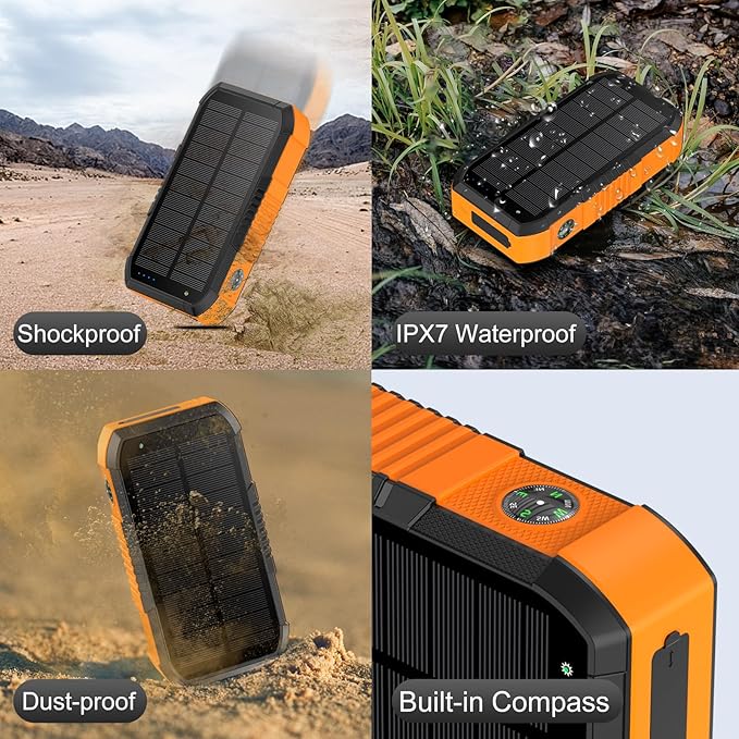 Solar Charger Power Bank 66800mAh Built in Hand Crank and 4 Cables, 22.5W Fast Charging PowerBank 6 Outputs & 4 Inputs, Portable Charger with Camping Flashlights & Compass for Outdoor (Orange)