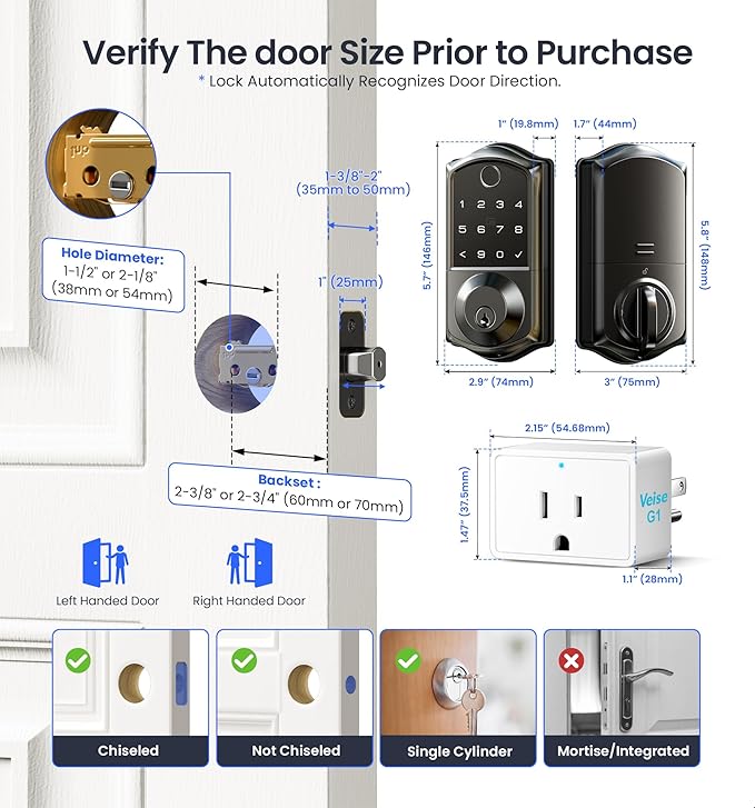 Veise VE017G Wi-Fi Keyless Entry Door Lock with Fingerprint, App Remote Control, Smart Locks for Front Door, Electronic Keypad Deadbolt, Auto Locking, Waterproof, Easy to Install, Matte Black