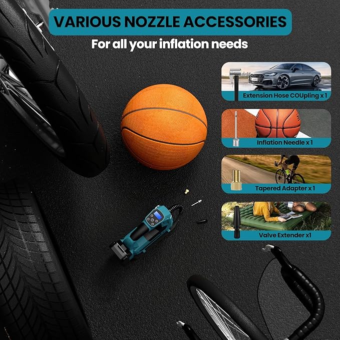 Cordless Tire Inflator Air Compressor for Makita 18V Battery, 150PSI Portable LED Light Handheld Air Pump with Digital Pressure Gauge for Cars Motorcycles Bikes Sport Balls(Battery Not Included)