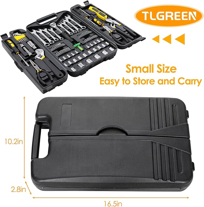 TLGREEN 95 Piece Tool Set, Tool Kit, Mechanics Tool Set, Portable Toolbox with Adjustable Wrench Pliers Socket Bits, with Plastic Toolbox Storage Case, for House Apartment Garage (Yellow)