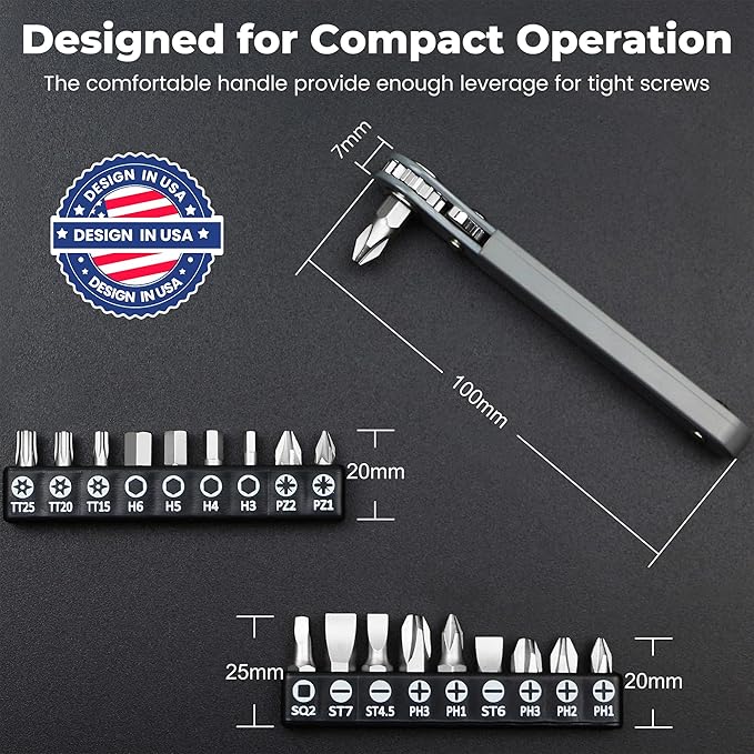 MULWARK 20pc 1/4 Ultra Low Profile Mini Ratchet Wrench Close Quarters Screwdriver Set with High Torque - Right Angle EDC Tool with 90 Degree Mini Offset Reversible Drive Handle & Multi Hex Bits Set