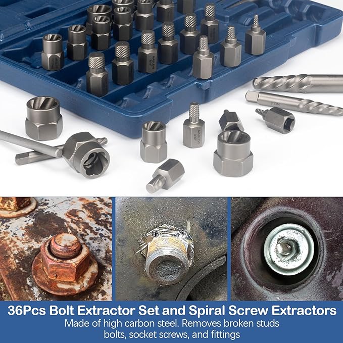 MABLEVI 36 Pcs Upgrade Screw Extractor Set, 3/8โ Drive Multi-Spline Easy Out Bolt Extractor Set, Stripped Screw Removal Tool Kit for Removing Nuts Bolts with Solid Storage Case