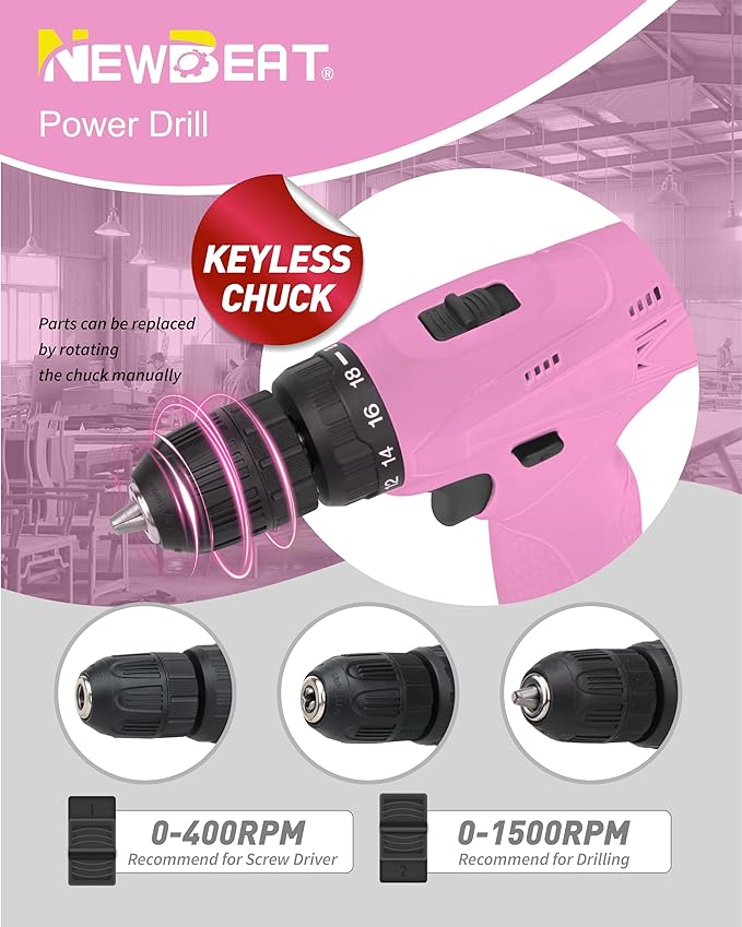 NEWBEAT Cordless Drill Set, 12V Power Drill Driver with 2 Battery and Charger, Pink Electric Drill Power Tool for Women