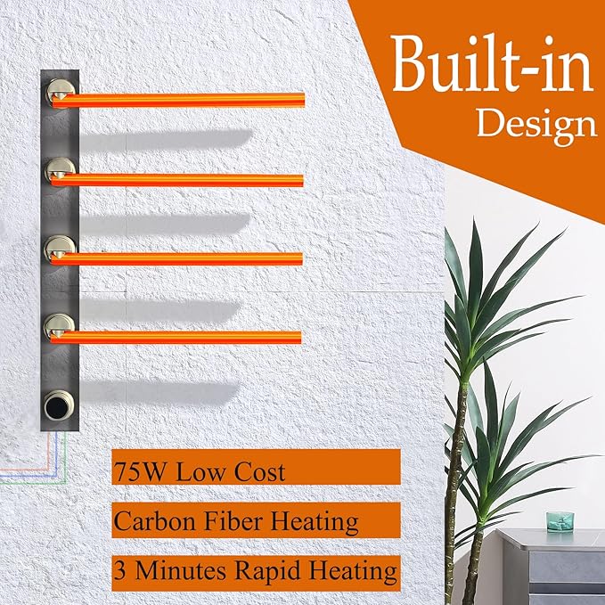 Electric Towel Warmer Concealed Smart, 75W Swivel Heated Towel Rack for Bathroom, Built-in Modular Electric Towel Rack with Timer, Thermostat, LED Display, APP, 4 Bar 180° Rotation, Hardwired, Gold