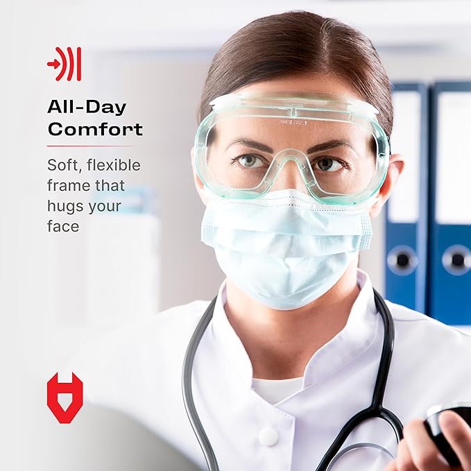 NoCry Protective Safety Lab Goggles Over Glasses with Anti-Fog Coating, Clear Scratch-Resistant Lenses, 100% UV Protection, Universal Fit, Vented, ANSI Z87.1 Rated Safety Goggles for Men and Women