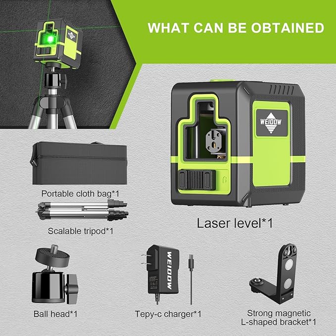 laser level Instrument - Green Cross Line, for interior decoration, for vertical and horizontal measurement, 1200 mAh lithium battery, 10-hour standby time + 1M tripod