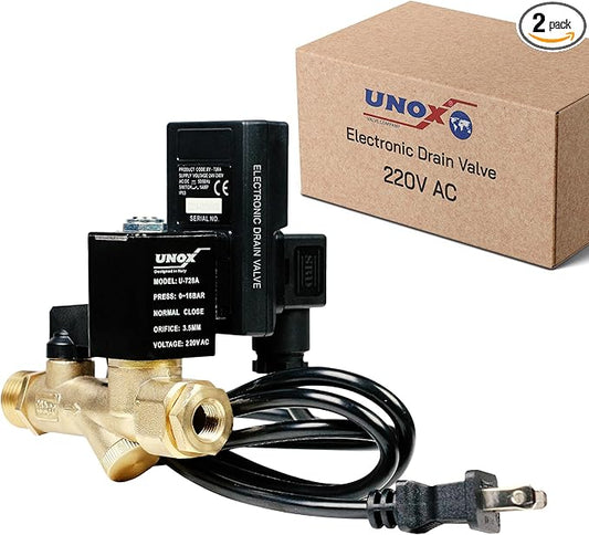 UNOX Electronic Drain Valve for Air Compressor Set of 2, 1/2" NPT to 1/4" NPT 220V AC Automatic Timed Tank Drain Valve with 6 feet US Plug Cable - Max 235 PSI Solenoid Valve Assembled