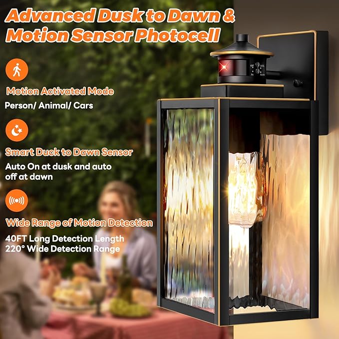 13.6" Motion Sensor Outdoor Wall Sconce Lantern, Exterior Waterproof Wall Lights Fixture with Water-Rippled Glass, Bronze Outside Mount Lighting for House, Porch, Garage, Patio, Bulbs Not Included