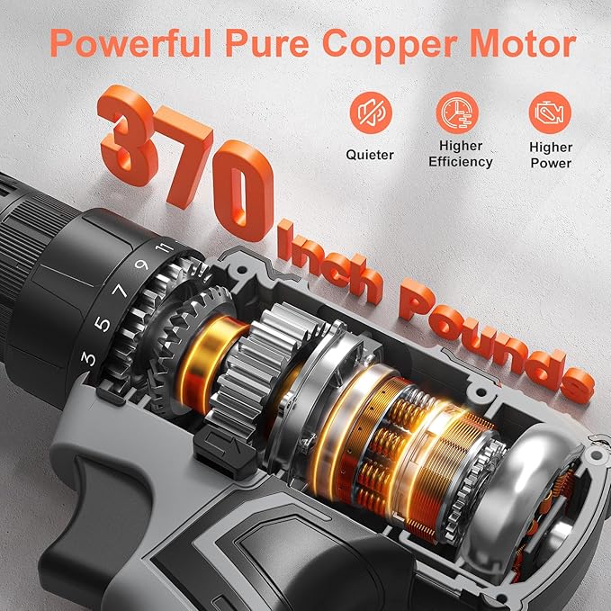 Cordless Drill, 20V Power Drill, Double 2000mAh Power Pack Electric Drills, Cordless Drills with Power Pack and Charger, 3/8" Keyless Chuck Screwdriver with 25+1 Max 370 In-lb Torque, 42Pcs Bits