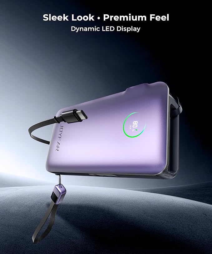 Portable Charger Power Bank - Battery Pack 35W AC Plug GaN 10000mAh Built in Cable USB C Phone Fast Charging Powerbank Compatible with iPhone 16 15 14 13 12 11 X iPad MacBook Samsung (Purple)