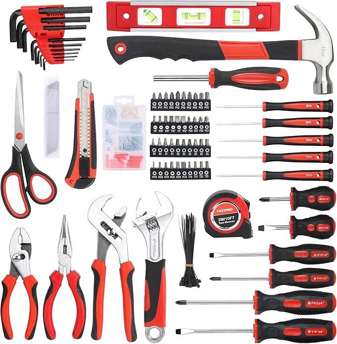 FASTPRO 220-Piece Home Tool Set, Household Repairing Tool Kit, with 12-Inch Wide Mouth Open Storage Tool Bag, Red