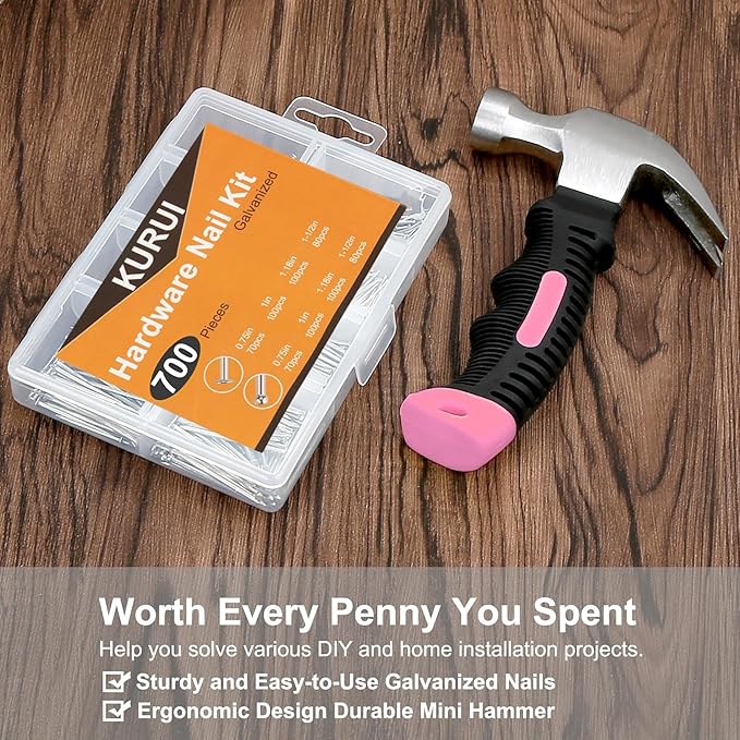 KURUI 700PCs Small Nails for Hanging Pictures & 8oz Small Hammer for Women, Pink Tool for Hanging Canvas Wall Art/Tapestry/Frame, Hardware Nails Assortment Kit for Living Room/Bedroom/Outdoor Decor