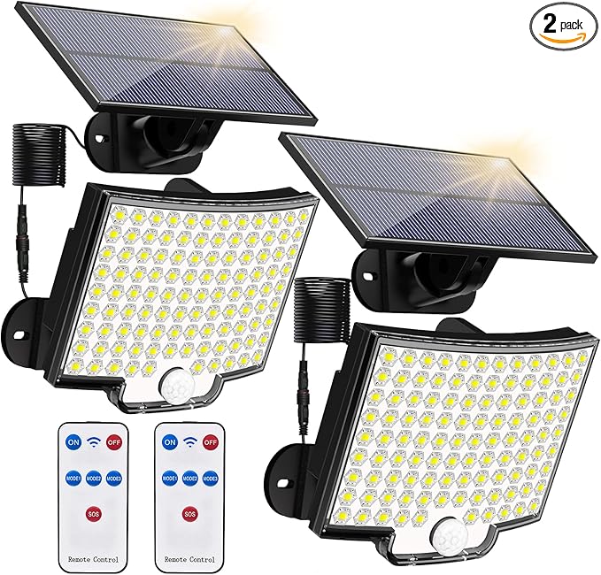 Solar Lights Outdoor, 106 LED 3000LM Solar Powered Motion Sensor Flood Lights with Remote, Dusk to Dawn Led Solar Security Wall Lights with 16.5Ft Cable IP65 Waterproof for Outside, Garage, 2 Pack