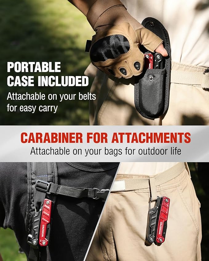 WORKPRO Multitool-11 in 1 Multitool Pliers with Pocket Clip and Sheath-EDC Multi Tool Knives with Safety Lock-Camping Tools Pocket Knife with Screwdriver Saw Blade Wire Cutter and Bottle Opener-Red