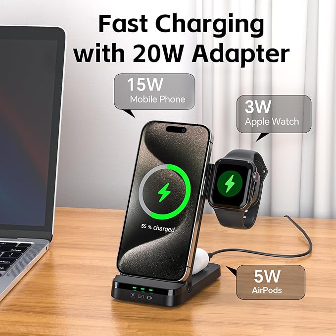 Wireless Charger, Tribone 3 in 1 Foldable Fast Charger for iPhone 16 15 14 13 12 11 Pro Max XR XS 8 Plus,for Multiple Devices,for Apple Watch 10 9 8 7 6 5 4 3 2 SE Ultra,for AirPods Pro 4 3 2, Black