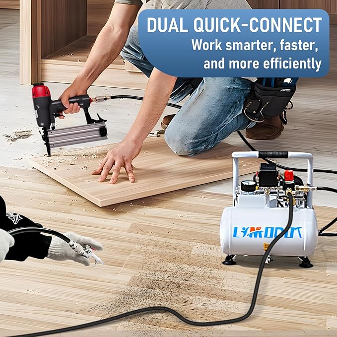 Ultra Quiet Air Compressor, Only 60dB, 1 Gallon Steel Tank, Oil-Free, Electric Air Compressor Perfect for Woodwork Nailing, Garage, Car, Pneumatic Tool, Includes 25 Ft. Air Hose Kit