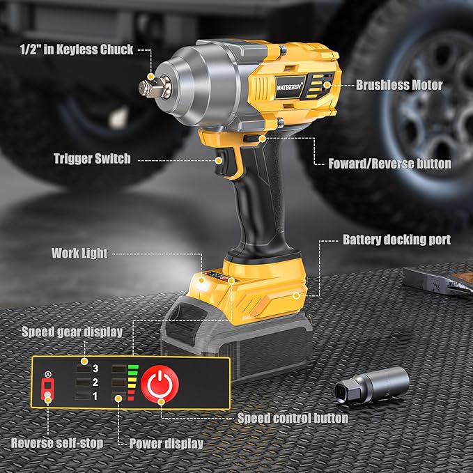 Impact Wrench Compatible with DeWalt 20V MAX Battery: 1/2 Inch Hog Ring Impact Driver - 1000N.m(750ft-lbs) Cordless Impact Gun - Brushless Motor with LED Light And Blet Clip - Tool Only