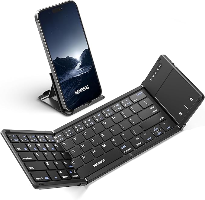 Samsers Foldable Bluetooth Keyboard with Touchpad, Full-Size Wireless Folding Keyboards with PU Leather, Support 3 Devices (BT5.1 x 3), Portable Travel Keyboard for iOS Android Windows Mac OS, Black