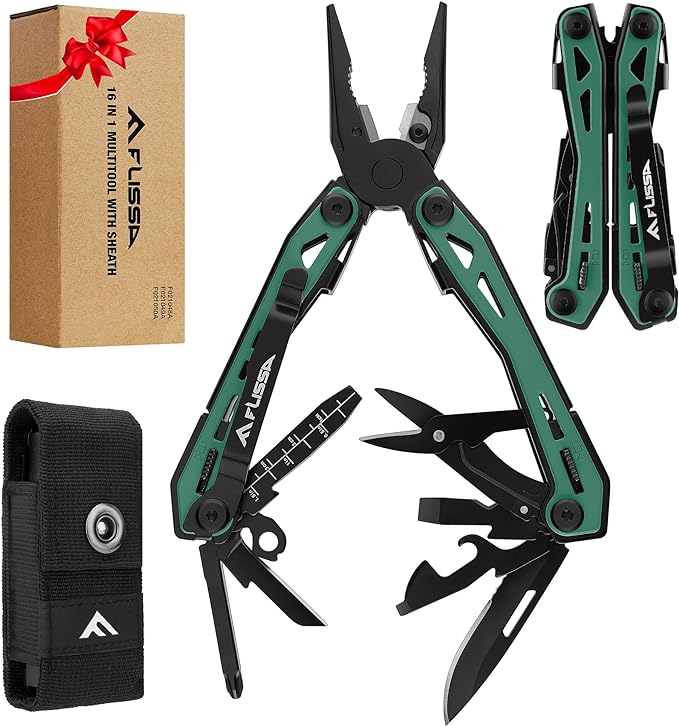 FLISSA 16-in-1 Multi Tool Pliers, Gifts for Men, Stainless Steel EDC Multitool with Pocket Knife, Belt Clip and Oxford Pouch, Self-locking Multipurpose Utility Multi-Tool for Camping Survival Outdoor