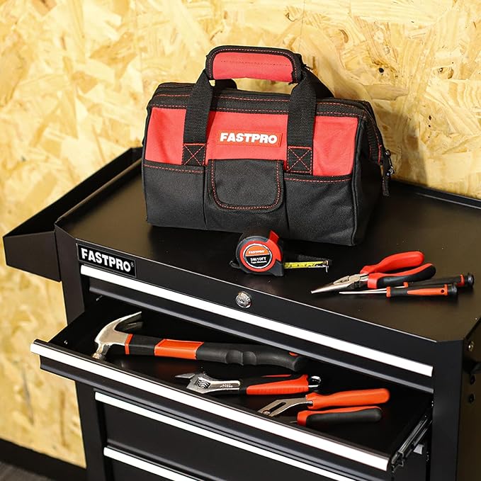 FASTPRO 220-Piece Home Tool Set, Household Repairing Tool Kit, with 12-Inch Wide Mouth Open Storage Tool Bag, Red