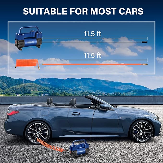 GSPSCN Blue Tire Inflator Heavy Duty Double Cylinders with Portable Bag - Car Accessories,Metal DC 12V Air Compressor Pump 150PSI w/Adapter for Car, Truck, SUV Tires, Dinghy, Air Bed, RV etc
