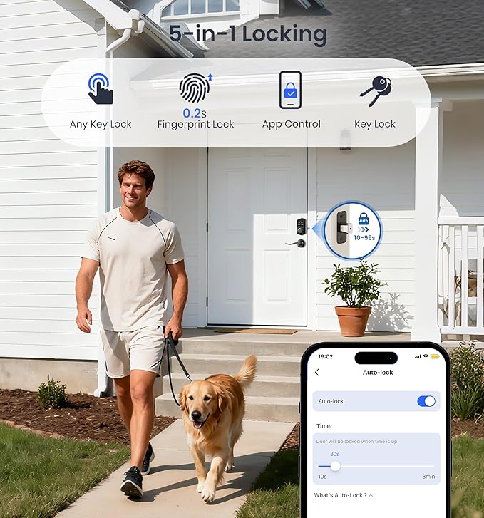 Veise VE017 Fingerprint Smart Door Lock, App Control, 7-in-1 Keyless Entry, Auto Lock, Emergency Power Port, Electronic Touchscreen Keypad, Biometric Smart Locks for Front Door, Matte Black