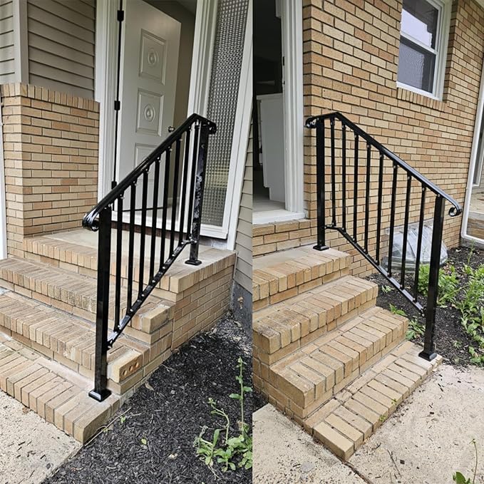 Adjustable Handrails for Outdoor Steps, Handrail Picket #3 Fits 3 or 4 Steps, Mattle Wrought Iron Handrail, Stair Rail with Installation Kit for Outdoor Steps