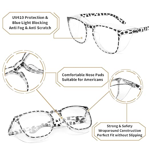 Alsenor Safety Glasses Anti Fog Goggles Protective Eyewear Blue Light Blocking Anti Dust UV Protection Glasses For Men Women (Black-Leopard)