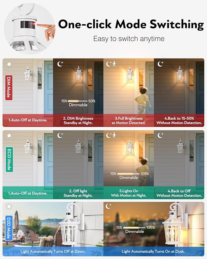 2 Pack Motion Sensor Outdoor Wall Lantern, White Outdoor Garage Lighting Fixtures Wall Mount, Waterproof Front Porch Lights with E26 Base, Exterior Sconce Light with Adjustable Sense Range