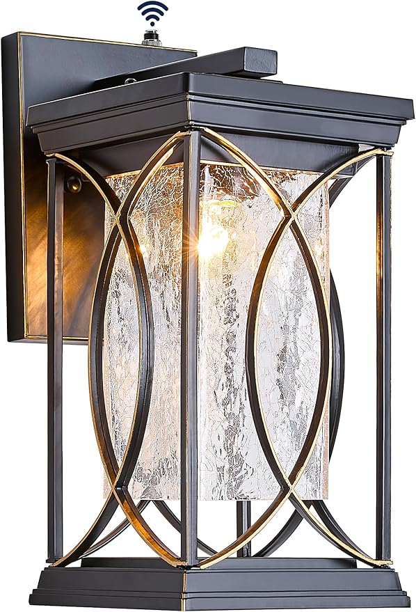 Dusk to Dawn Outdoor Wall Light Black with Gold Trim Modern Exterior Sconce Aluminum Waterproof Coach Light Fixture with Crack-Like Glass Outside Wall Lantern for House Garage Porch Lighting