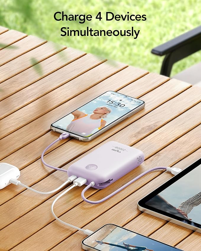 Portable Charger 20000mAh 30W Fast Charging, Power Bank with Built-in Cables & LED Display, USB C Battery Pack for iPhone 16/15/14, Samsung, iPad and Android Phones, Ideal for Travel -Purple