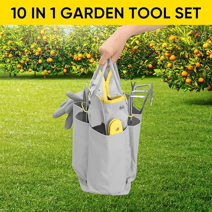 Blumway Garden Tool Sets, 10 Piece Heavy Duty Gardening Tool Set, Stainless Steel Gardening Hand Tools with Garden Tool Bag, Garden Tool Kit for Gardening Supplies,Ideal Gardening Gifts for Women Men