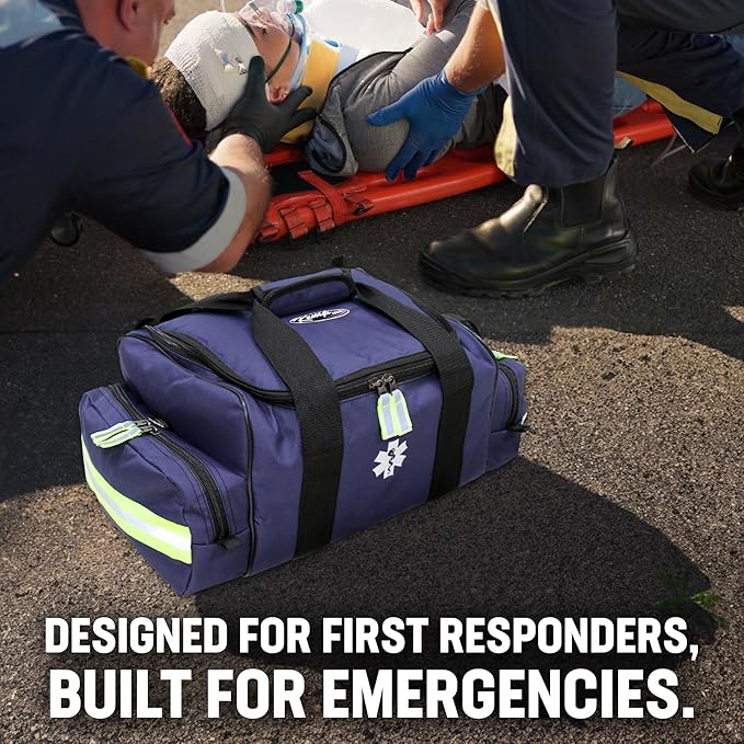 Kemp USA Maxi Trauma Bag - Large First Aid Kit for EMT First Responders - Water Resistant 600D Nylon - Buckle Closure with Adjustable Strap & Reflective Trim - Navy Blue