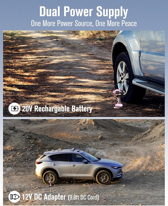 Avid Power Cordless Tire Inflator Air Compressor, 20V Car Tire Pump w/ 12V DC Adapter, Rechargeable Li-ion Battery Operated Tire Compressor w/Digital Pressure Gauge, for Many Inflatables (Pink)