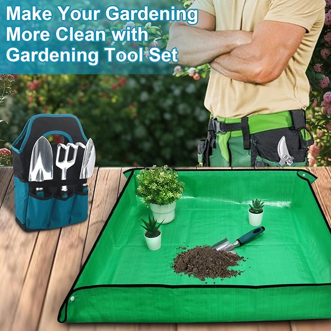 Garden Tools Sets, Gardening Tool Set with 39.3 in Repotting Mat, 7 Piece Gardening Kit with Non Slip Ergonomic Handle, Heavy Duty Garden Tool Bag Gardening Supplies for Women and Men