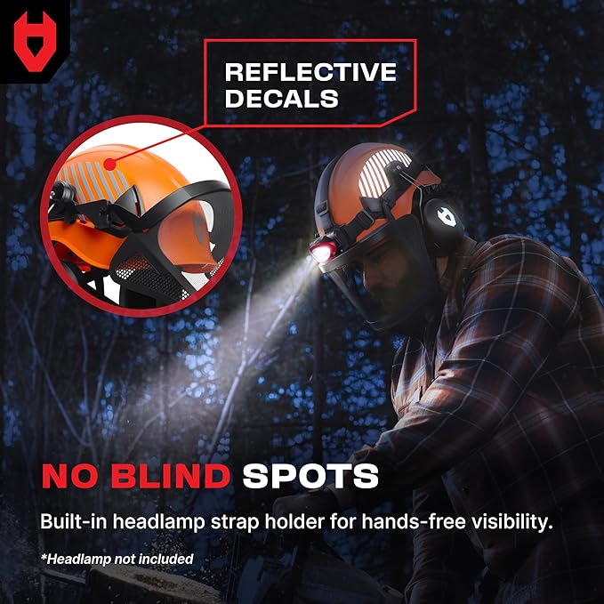 NoCry ANSI Z89.1 Rated Arborist Helmet — Chainsaw Helmet with Face Shield and Ear Muffs — Adjustable Hard Hat with Adaptive Ventilation; Impact-Resistant Mesh Face Shield for Forestry with Side Guards