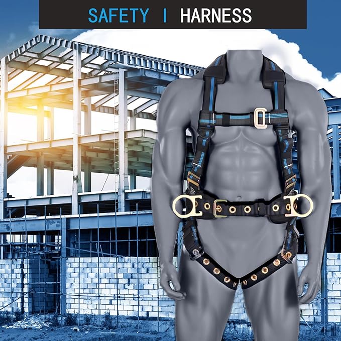 Fall Protection 5pt Full-Body Safety Harness, Vented & Padded Shoulder, Back & Legs, 8โ Thick Back Support, Tongue Buckle, D-Rings, Grommet Leg Straps & Waist Belt (OSHA/ANSI Rated PPE)