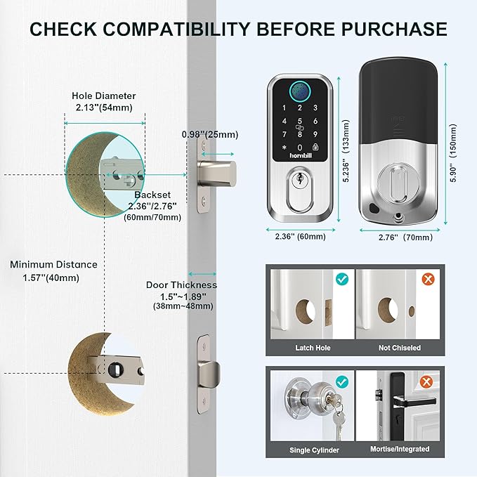 Wi-Fi Smart Deadbolt Keyless Entry: 9-in-1 Hornbill Smart Lock for Front Door, Smart Deadbolt Lock, Electronic Keypad Code Fingerprint Unlock, Works with Alexa for Home Office Hotel, Satin Nickel