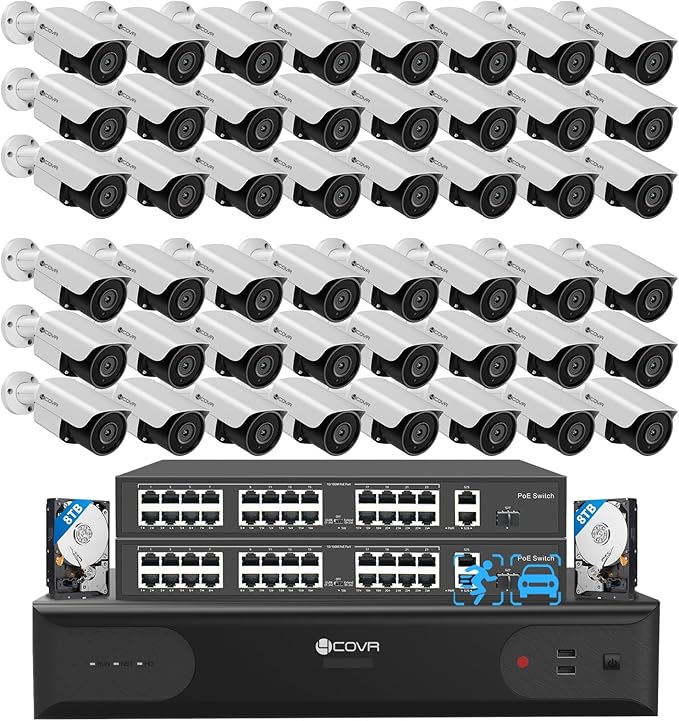 4COVR 64 Channel Security Camera System PoE & AI Human/Vehicle Detection, UtraHD 8MP NVR 16TB HDD, 48Pcs 5MP Commercial Bullet IP Camera IP67 Night Vision, 24/7 Business Surveillance, LY37EX5M6448