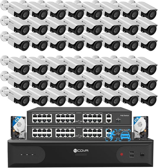 4COVR 64 Channel Security Camera System PoE & AI Human/Vehicle Detection, UtraHD 8MP NVR 16TB HDD, 48Pcs 5MP Commercial Bullet IP Camera IP67 Night Vision, 24/7 Business Surveillance, LY37EX5M6448