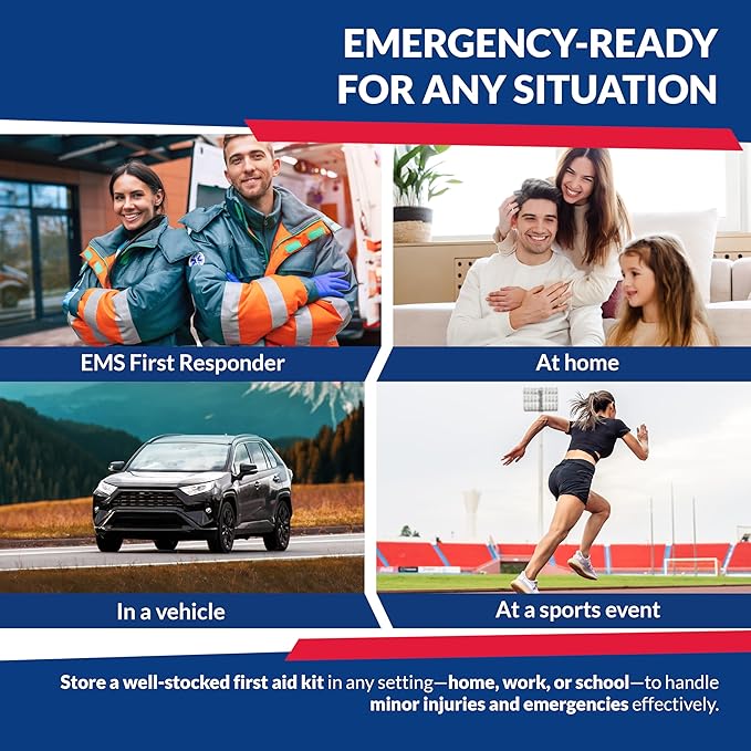 Fully Stocked Trauma First Aid Kit – First Responder II Bag with Tools, Gauze, Bandages, Scissors & Gloves – Compact & Portable – OSHA and ANSI Compliant – Blue