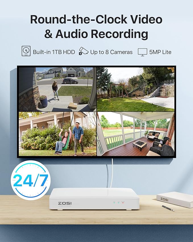 ZOSI H.265+ 3K Lite 8 Channel Security DVR Recorder with 1TB HDD,8CH Hybrid 4-in-1 CCTV DVR for 960H 720P 1080P Home Surveillance Camera System,Person Vehicle Detection,Remote Access,24/7 Recording