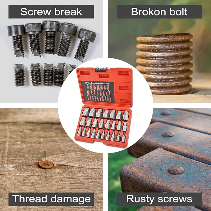 25Pcs Screw Extractor and Bolt Extractor Set, Hex Head Hand Multi-Spline Tool Remover Easy Out, Heavy Duty CR-MO Broken Bolts Screws Extraction Fastener Kit 1/8" to 7/8" in 1/32" Increments
