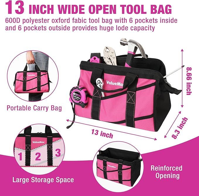 ValueMax Pink Tool Kit, 218-Pieces Home Repairing Tool Set, Household Tool Kit with Wide Mouth Open Storage Bag, Household Hand Tool Set for DIY, Gifts and Basic Home Maintenance