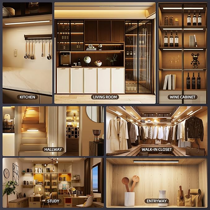 100 LED Under Cabinet Lights Wireless with Full Lighting,Rechargeable Closet Lights with Remote and Motion Sensor Indoor,Under Counter Light with CCT and Dimmable for Kitchen,Stair(5 Pack,11.8inch)